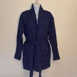 Aran Crafts Long Cable Knit Cardigan Sweater NEW Navy Blue Sz XS